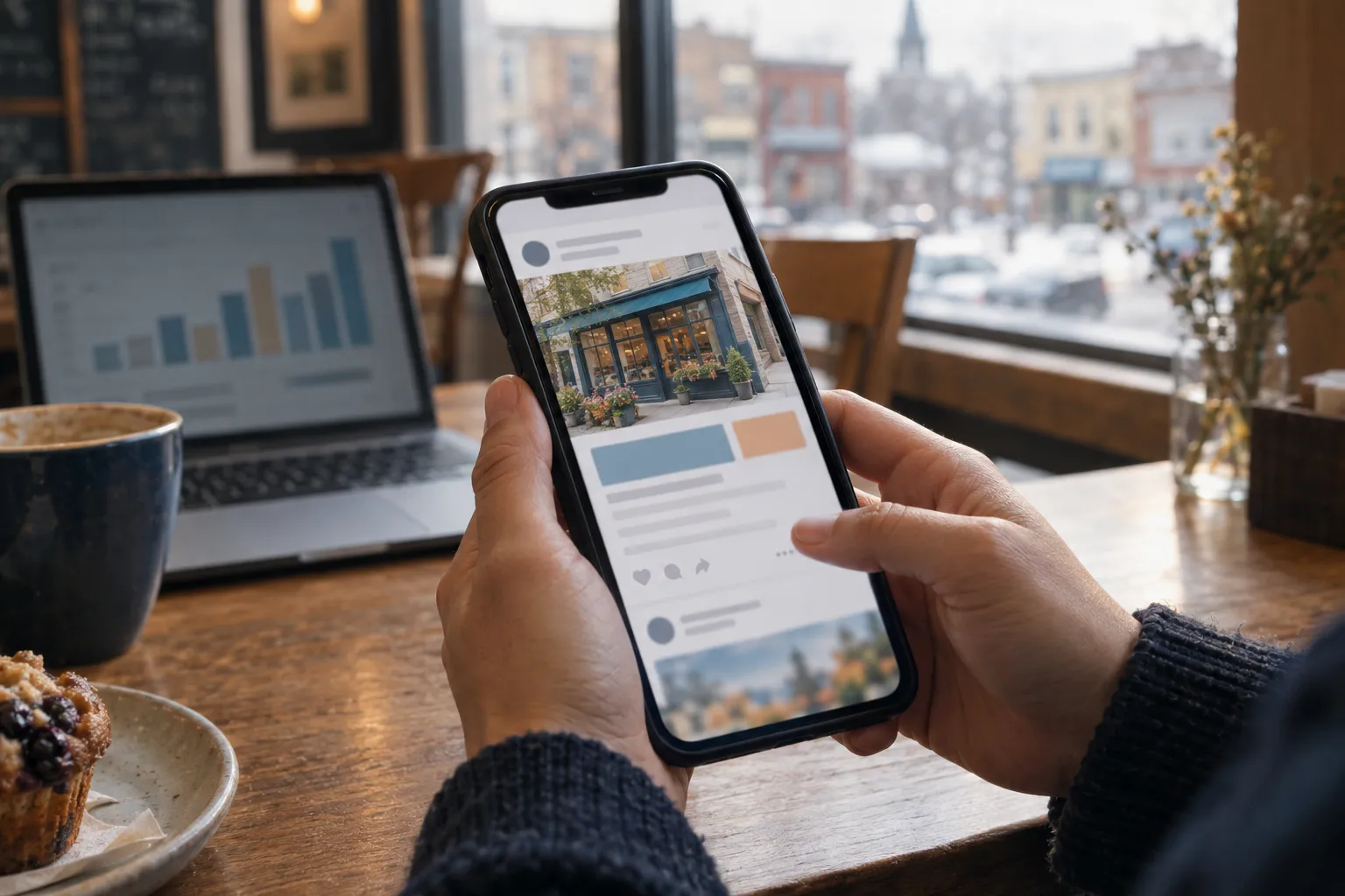 Hands holding a smartphone showing a social media ad for a local storefront in a café