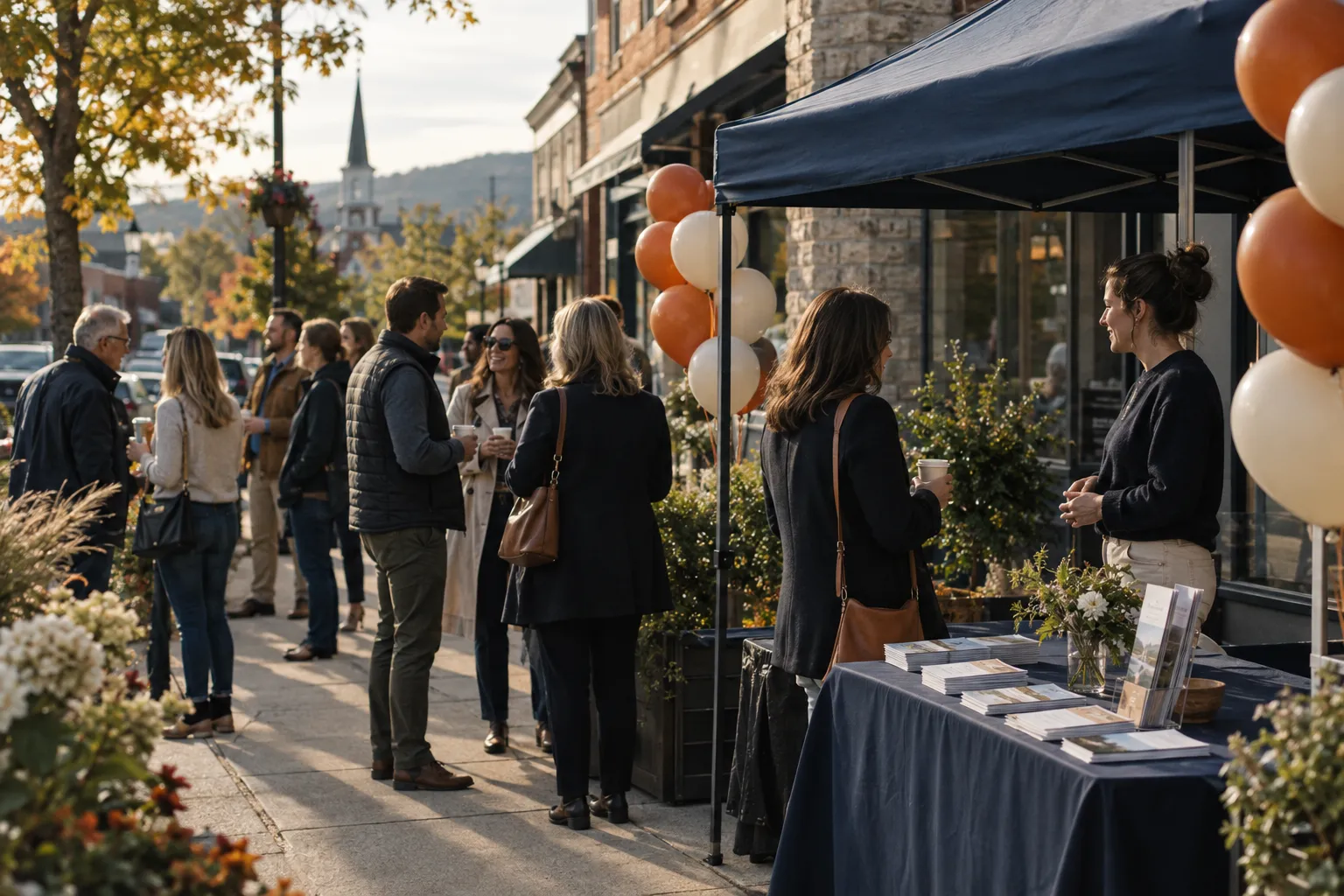 Neighbours gathered outside a local business for a grand opening with a navy tent and balloons