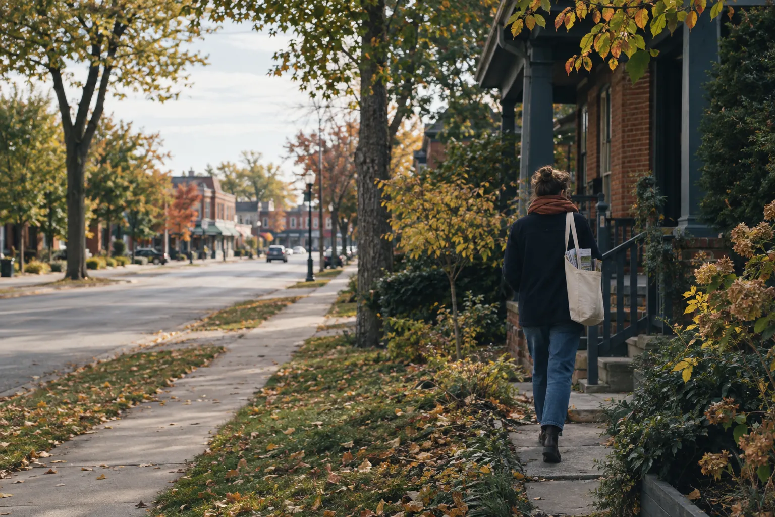 A person carrying a tote of printed flyers up the front walk of a brick house on a tree-lined autumn street