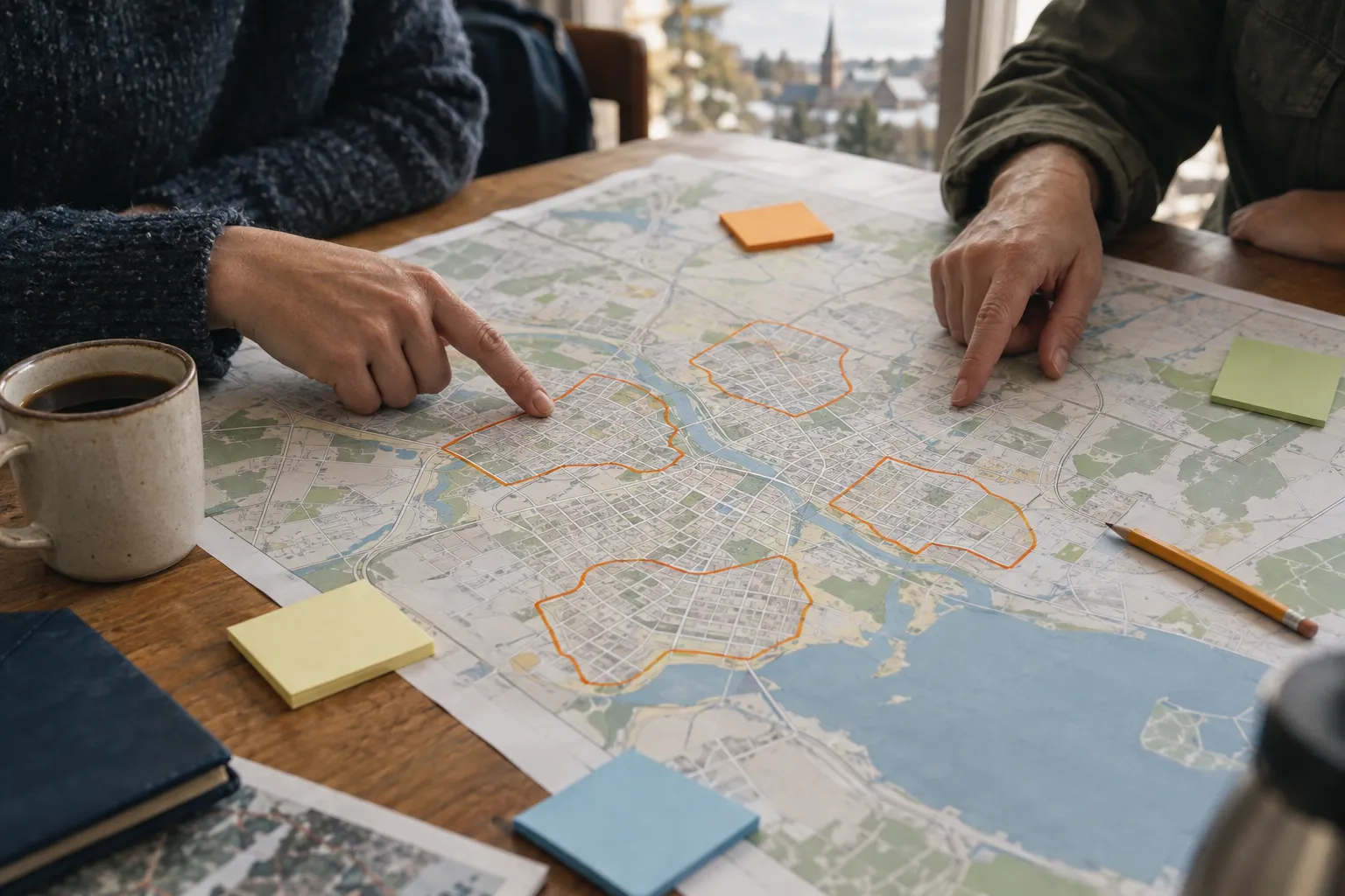 Two people pointing at neighbourhood zones outlined on a printed street map