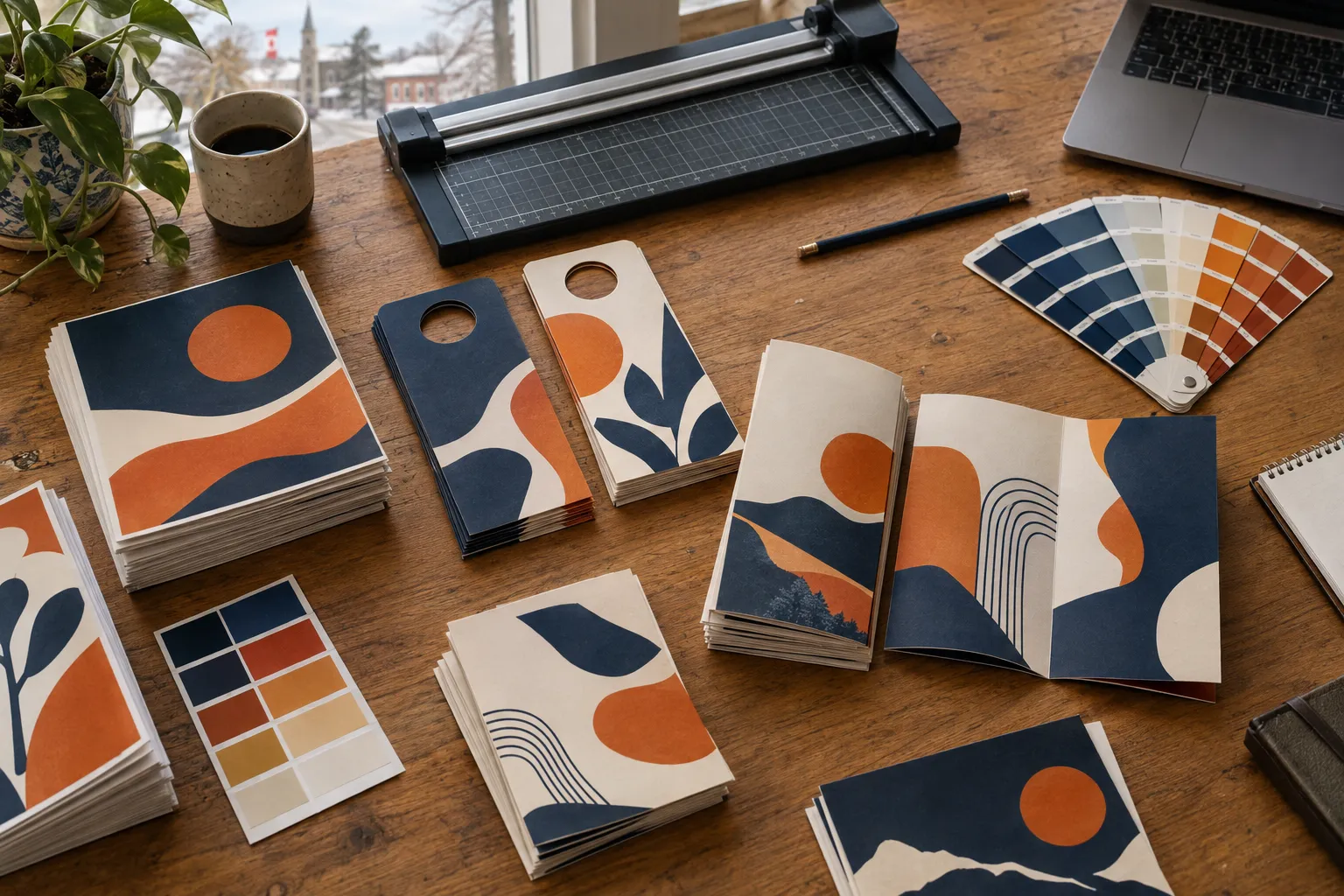 Printed flyers, door hangers and brochures in navy and orange on a worktable